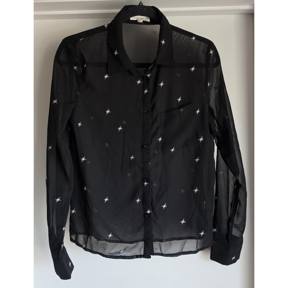Honey Punch Button-Down Shirt Women S Black Star Print Long Sleeve Collared Top